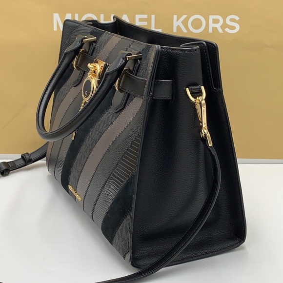 Michael Kors Hamilton Meidum Satchel Shoulder Crossbody Bag Black Multi color - Picture 4 of 16
